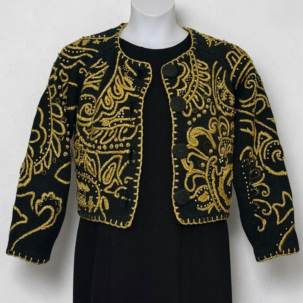 Vintage Michael Simon Black Gold Cropped Bolero Jacket Metallic Beaded One Size